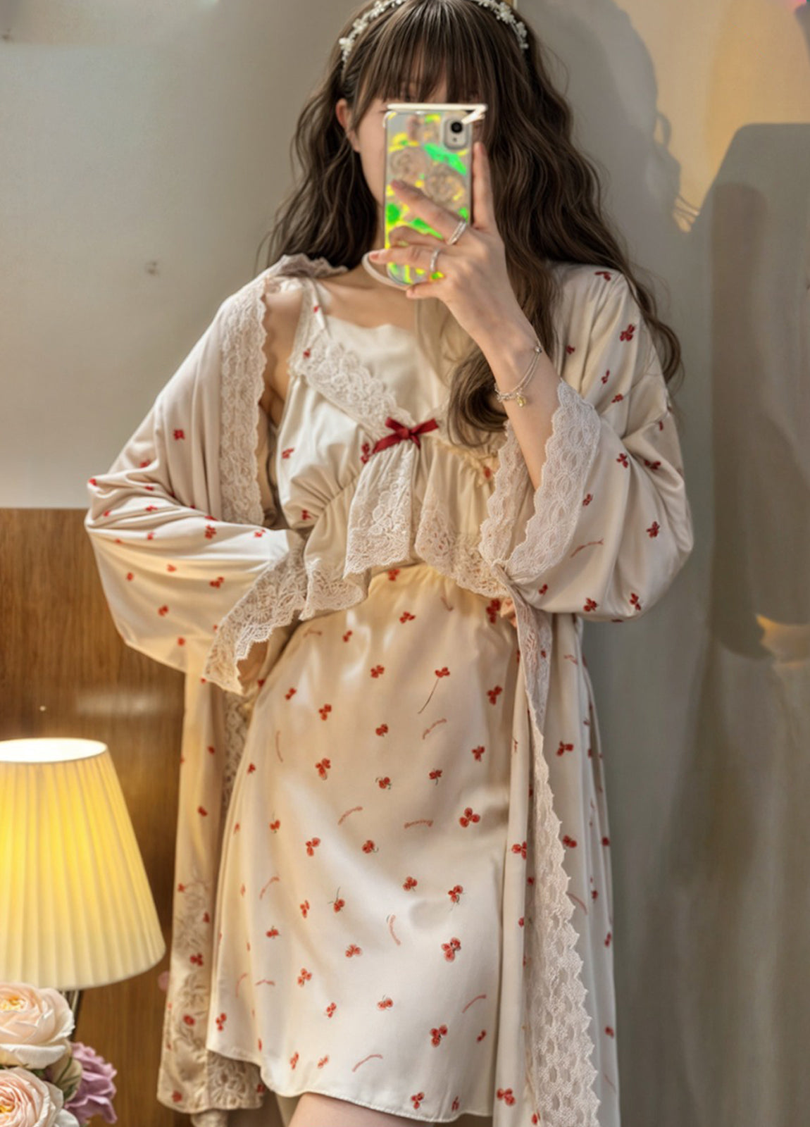 Cherry Print Lace Nightdress with Robe 3111