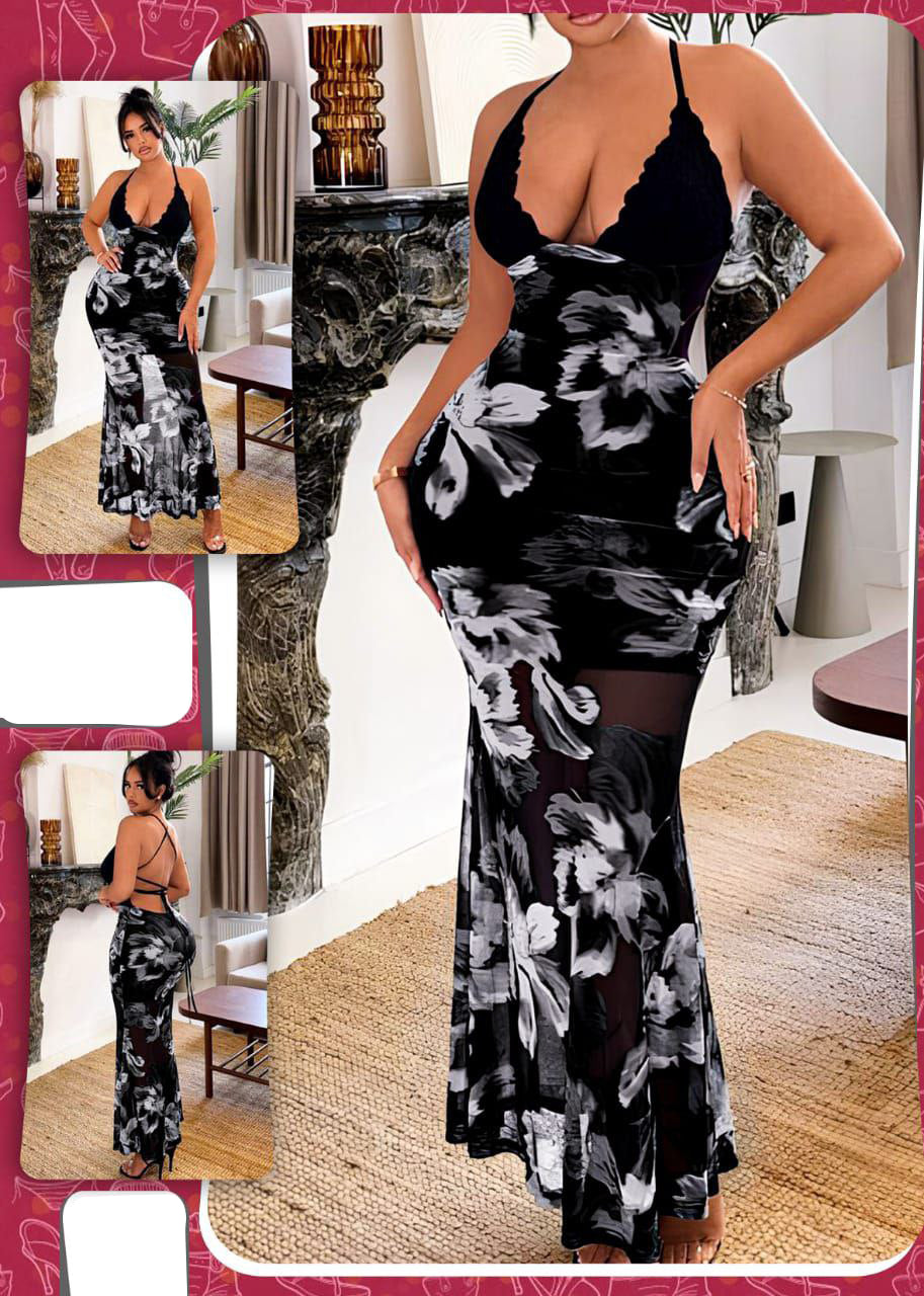 Floral Backless Halter Dress 443