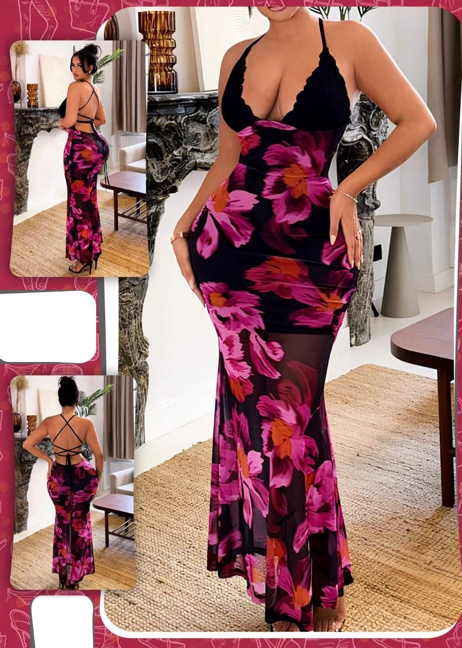 Floral Backless Halter Dress 443