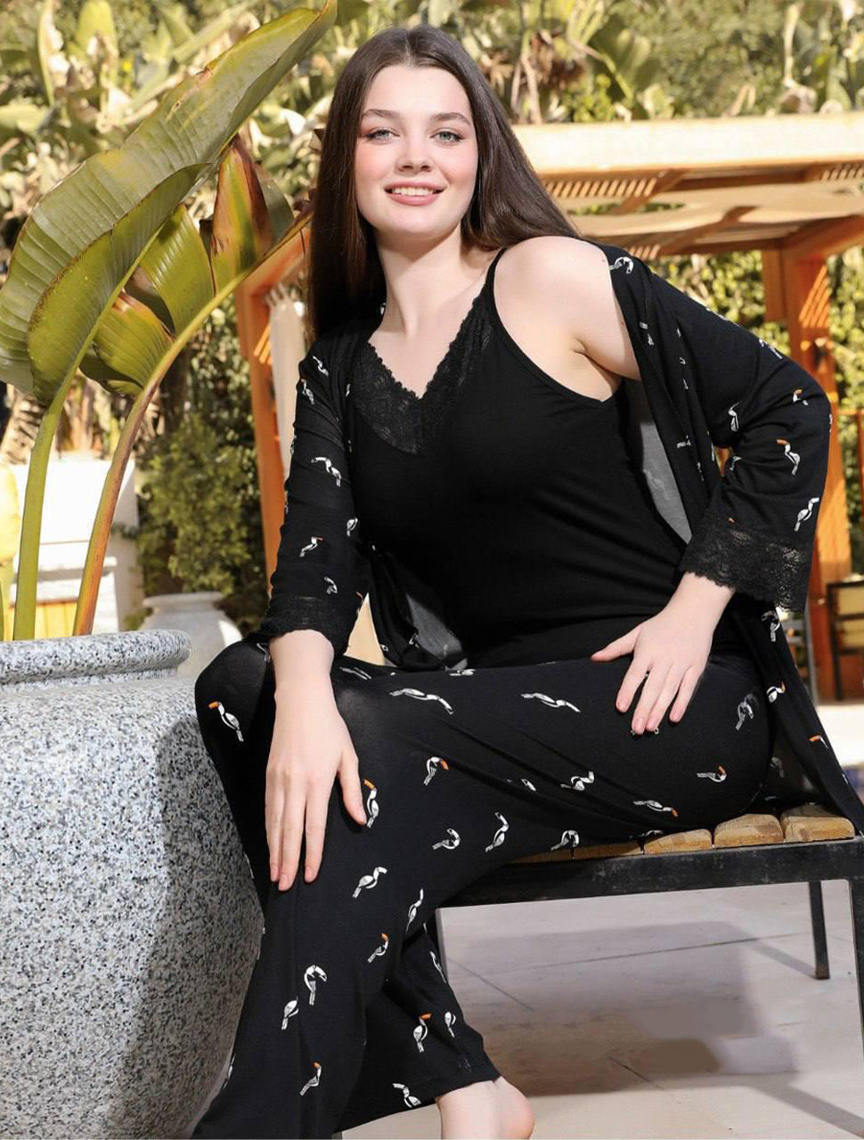 🖤 3-Piece Black Nightwear Set – Toucan Print 860
