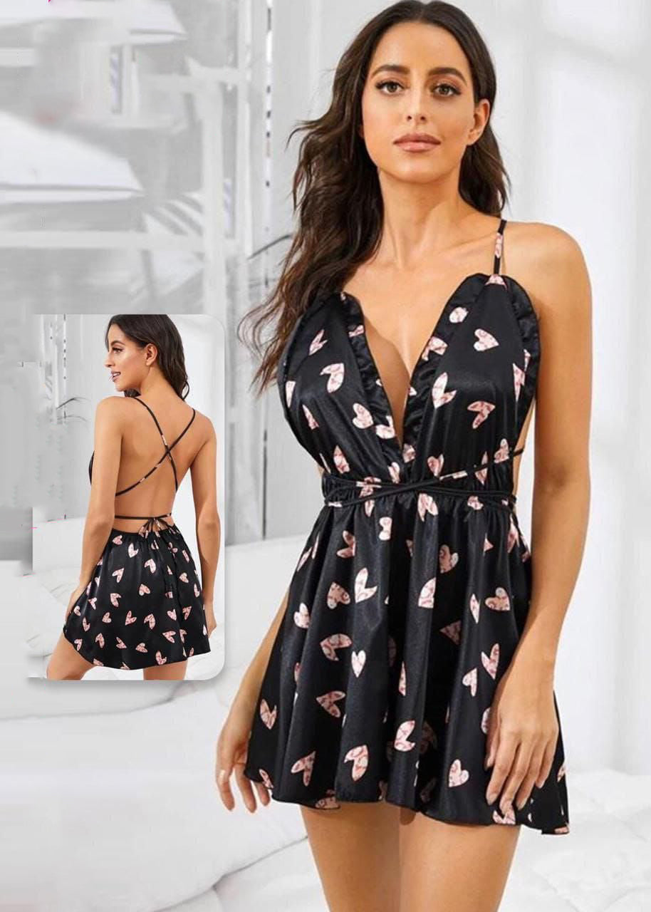Black Satin Heart Print Sleepwear Dress 105