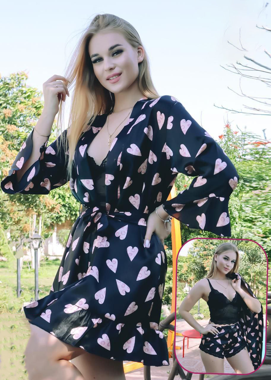 Black Heart Satin Sleepwear Set 114
