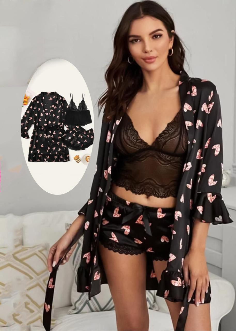 Black Heart Satin Sleepwear Set 114