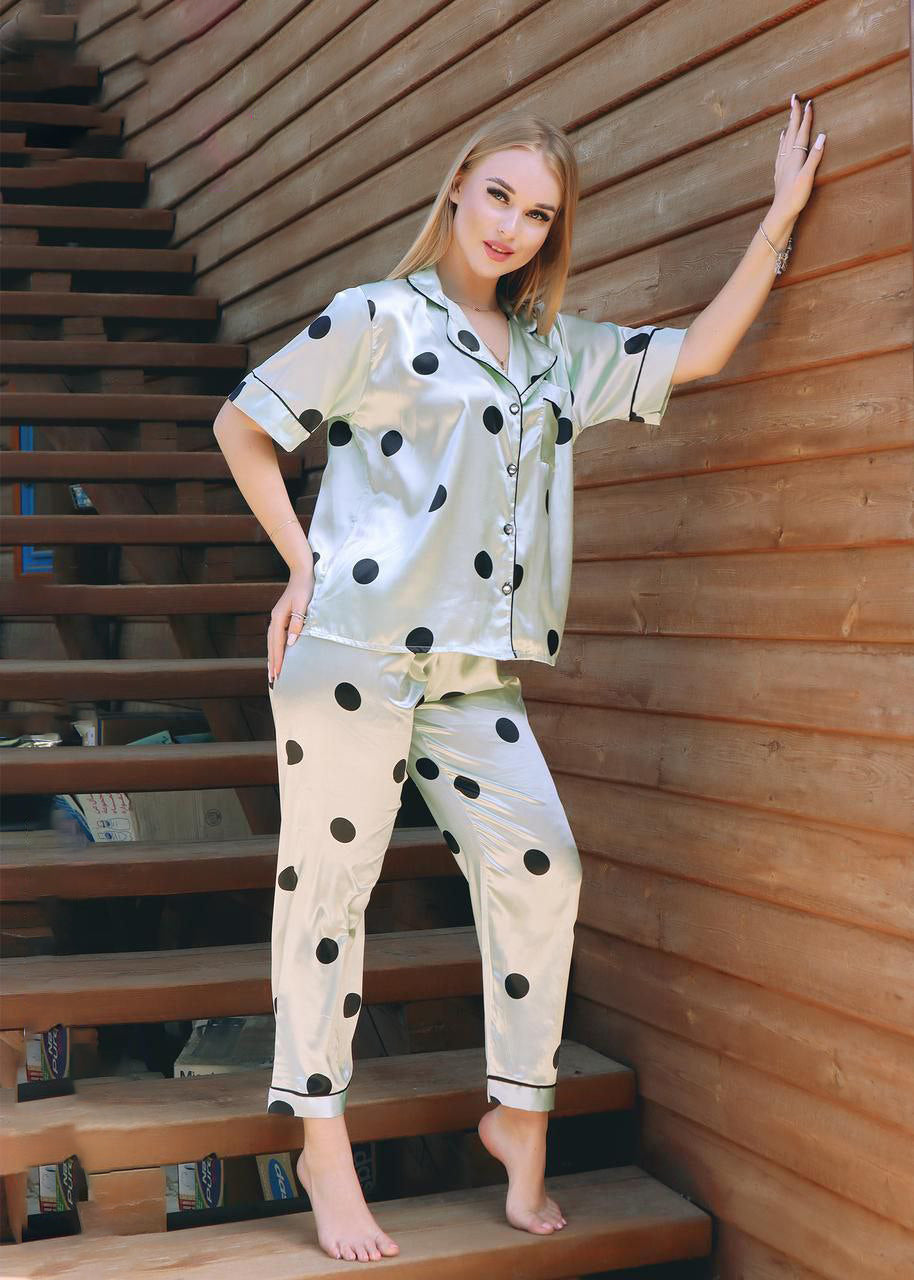 Polka Dot Satin Pajama Set (silver) 115