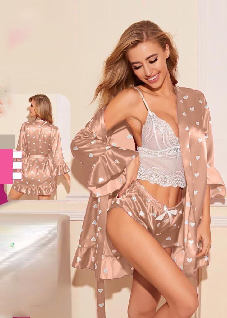 Heart Print Satin Pajama Set 123v