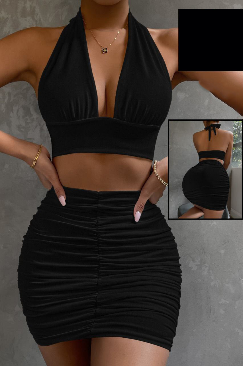 Neck Crop Top & Ruched Mini Skirt Set 2100