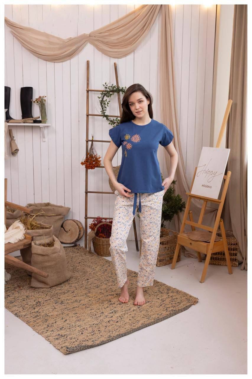 Blue Floral Pajama Set with Printed Top 2219