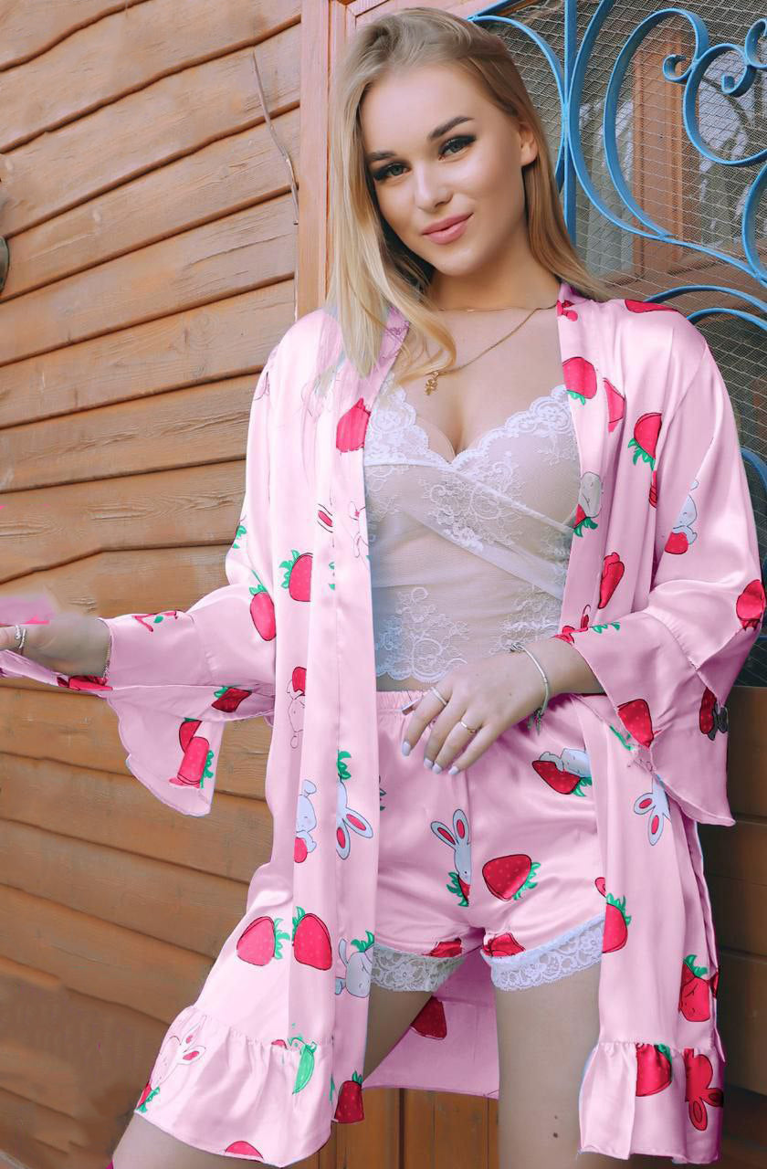 Strawberry Bunny Satin Robe & Shorts Set 291
