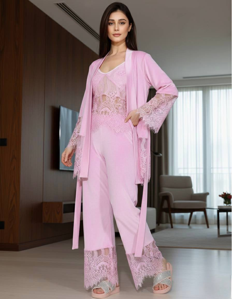 Pink Lacy Silk Vibe Set 3005