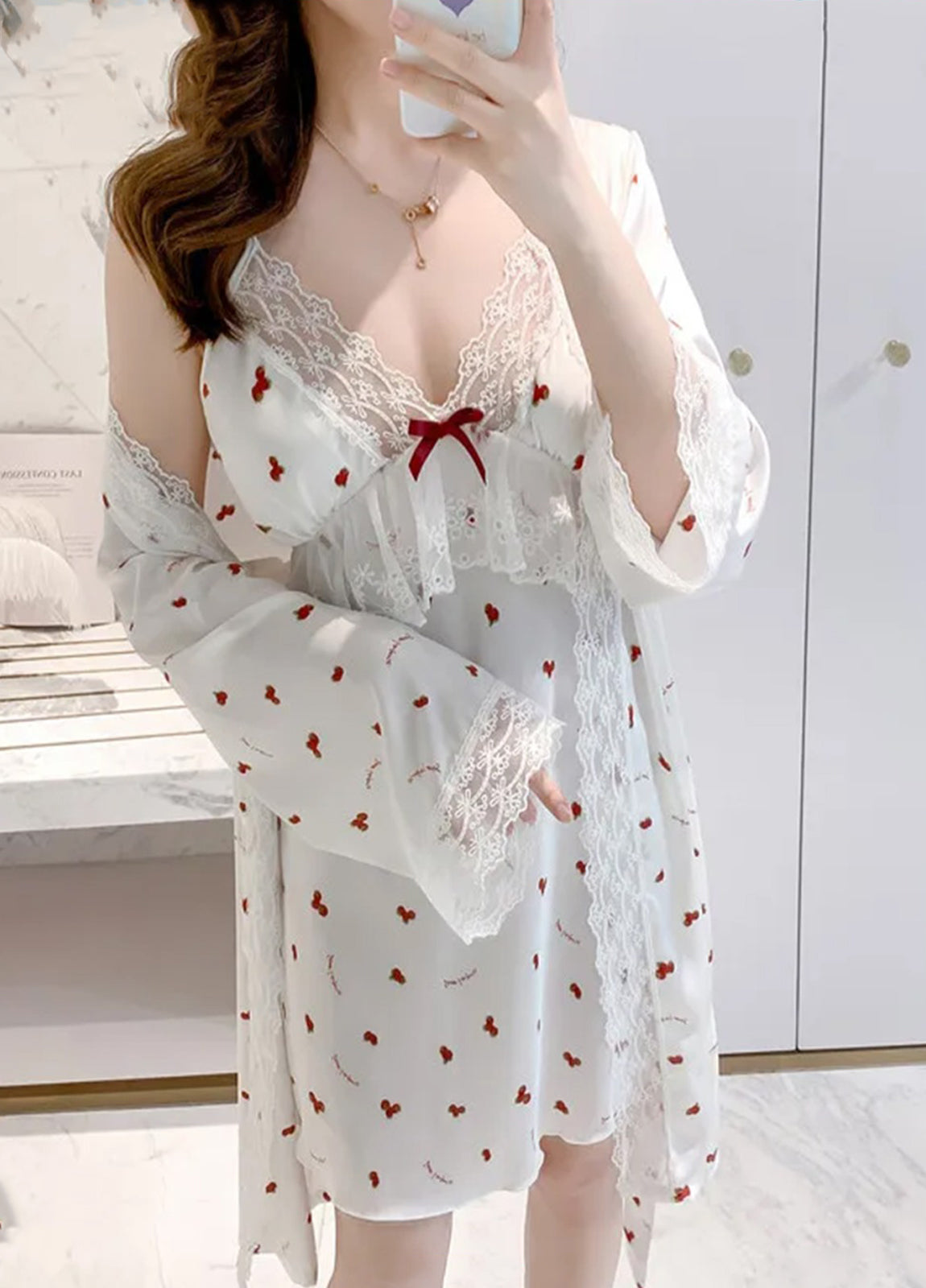 Cherry Print Lace Nightdress with Robe 3111