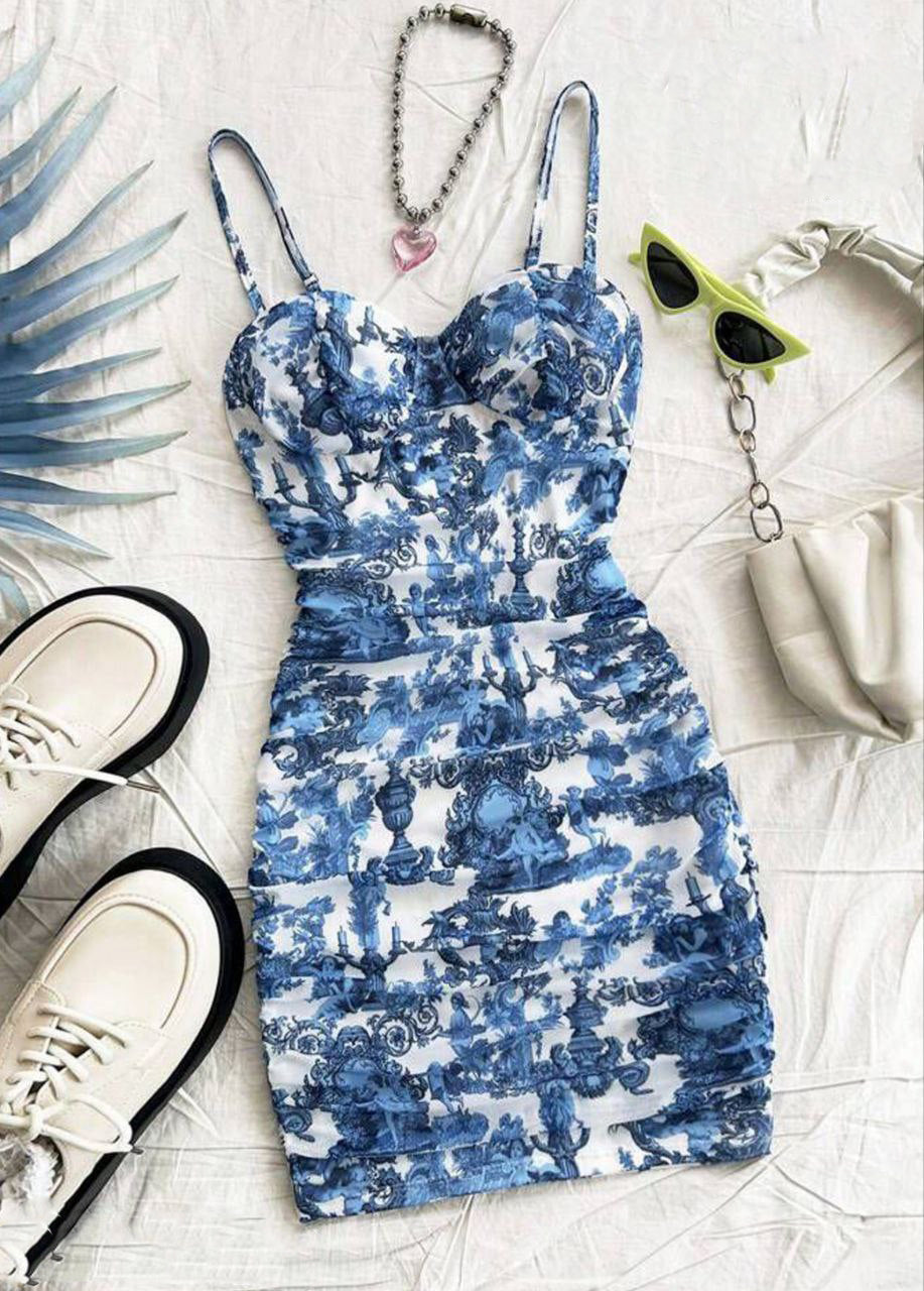 Blue Floral Print Ruched Bodycon Dress 5156