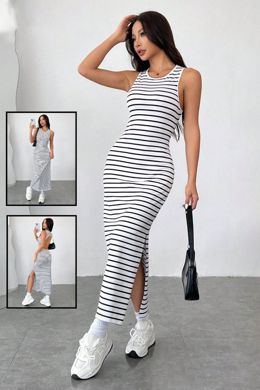 Striped Sleeveless Midi Dress 7002