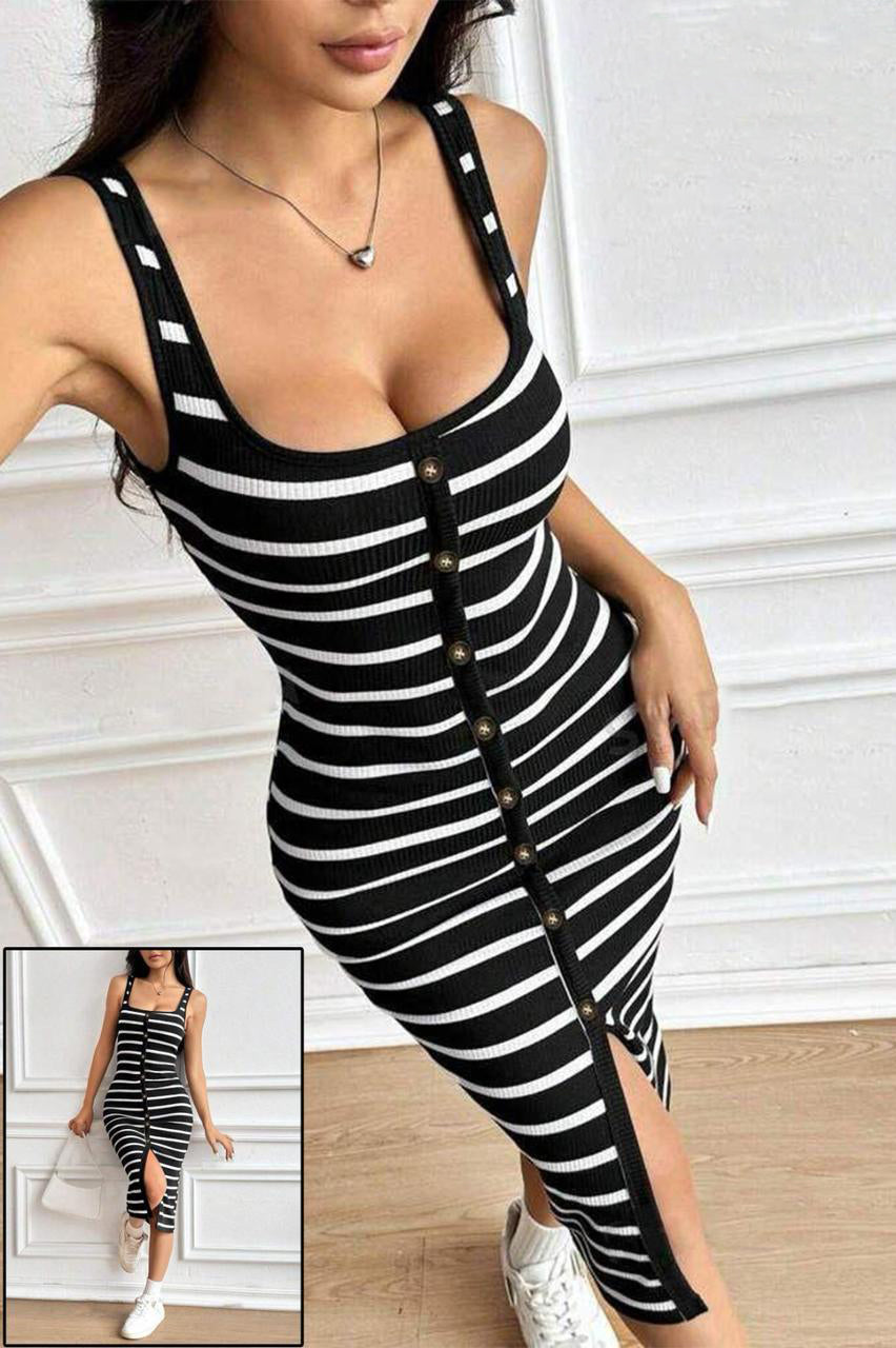 Striped Button-Up Bodycon Dress 7006