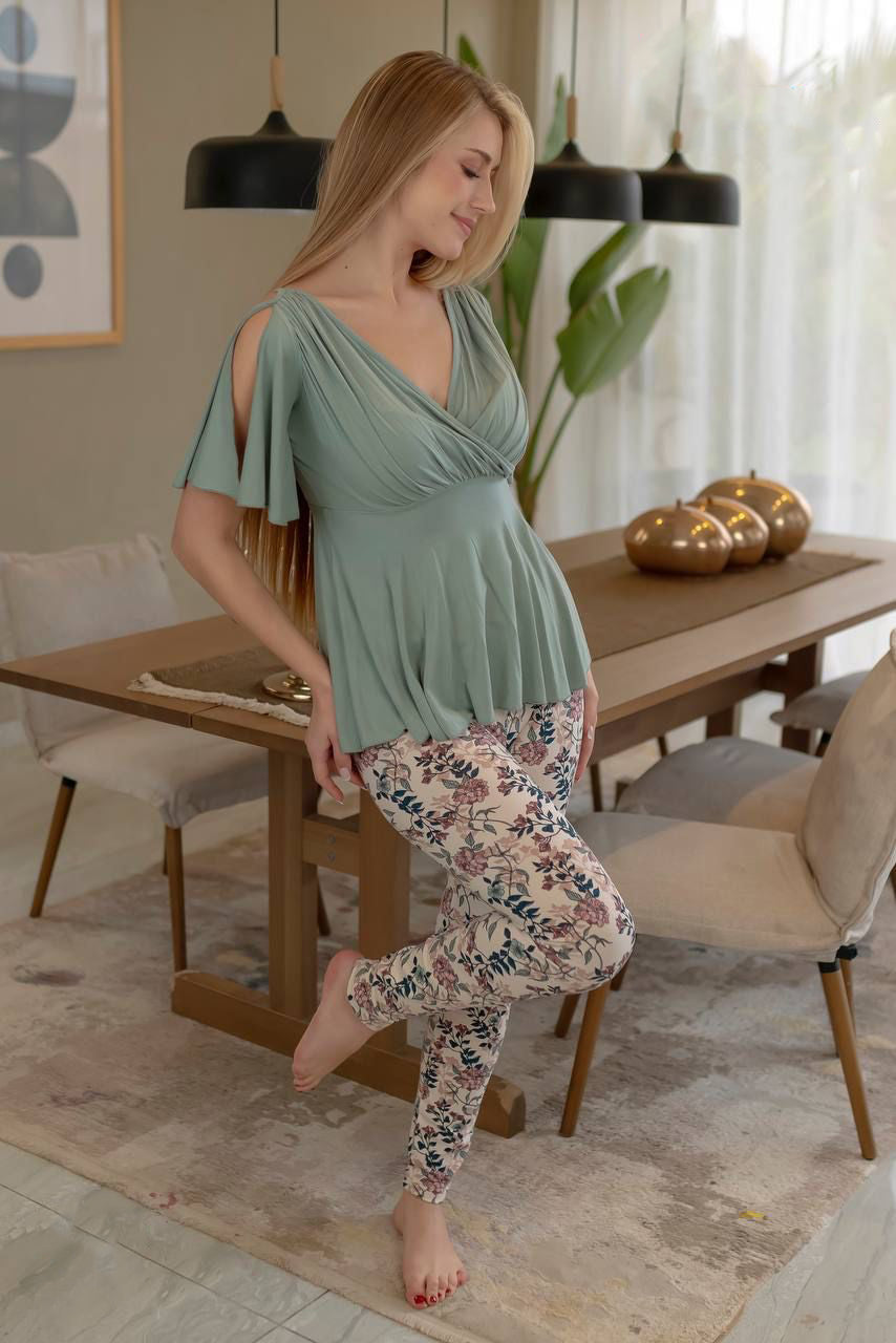 Floral Print Lounge Set with Shoulder Cutout Top 878