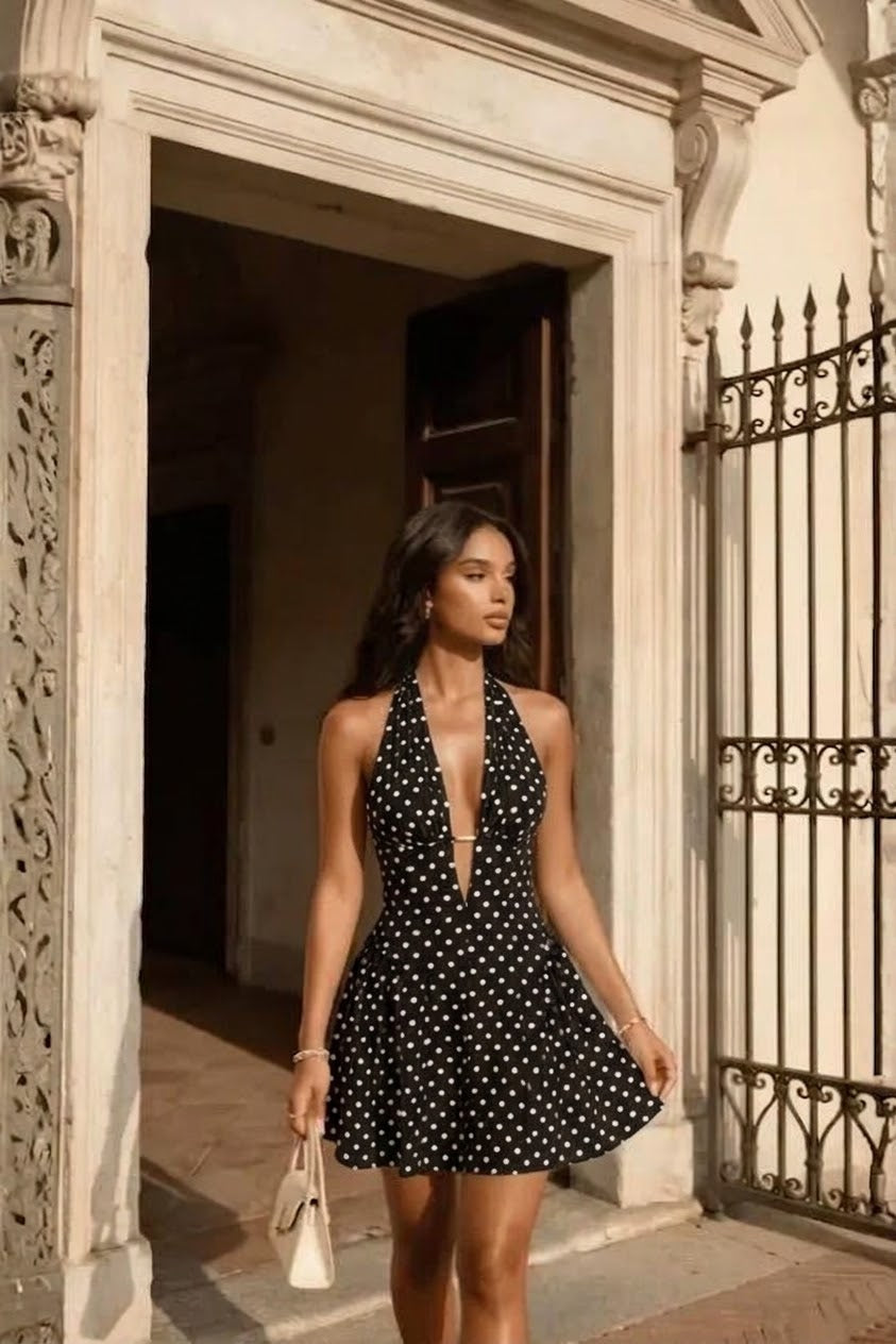 Polka Dot Halter Mini Dress — 9072