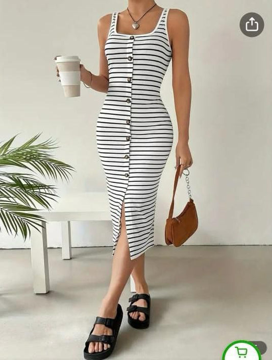 Striped Button-Up Bodycon Dress 7006