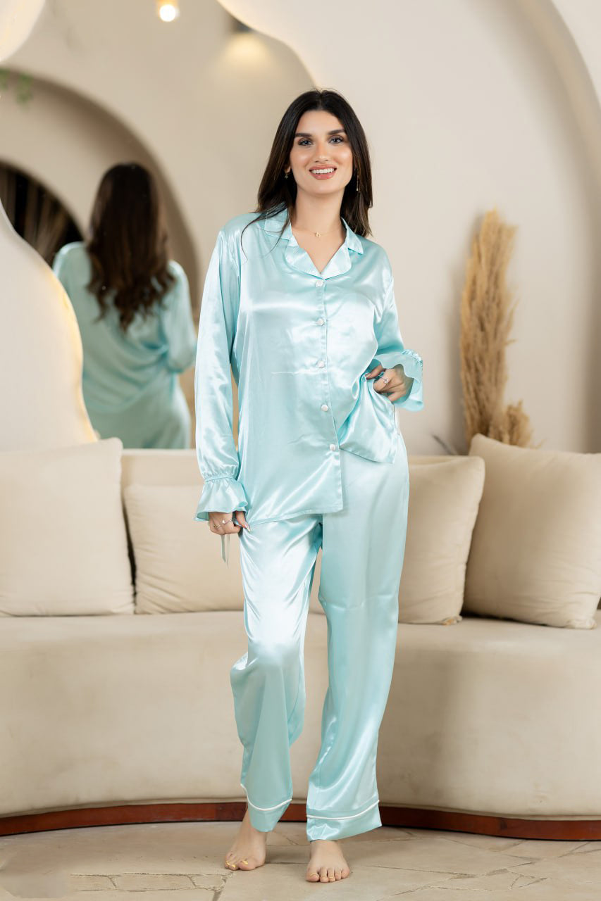 Classic Ice Green Satin Button-Down Pajama Set 24138