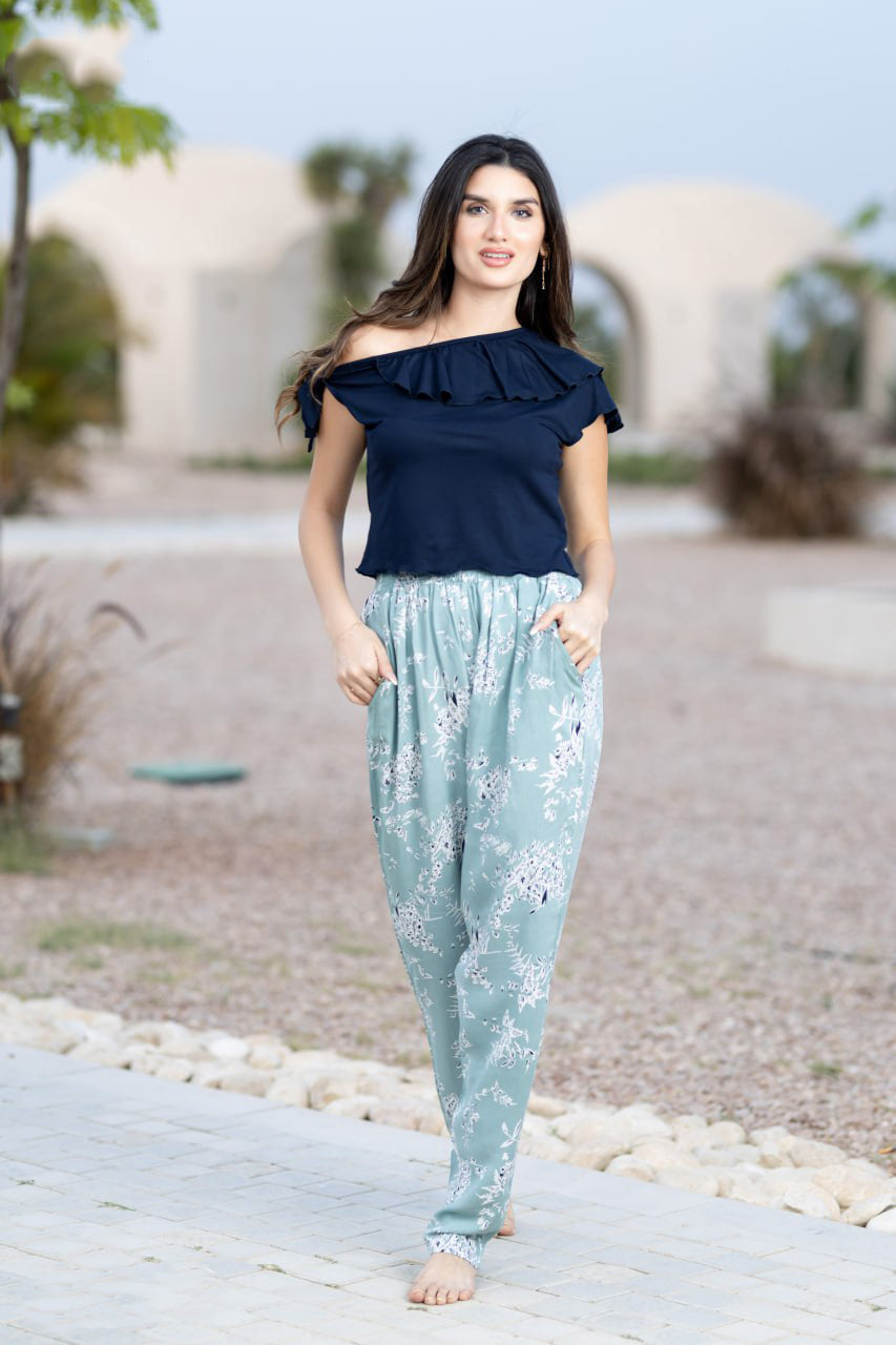 Baby-Blue Cotton Pants with Navy Soft Top 24157