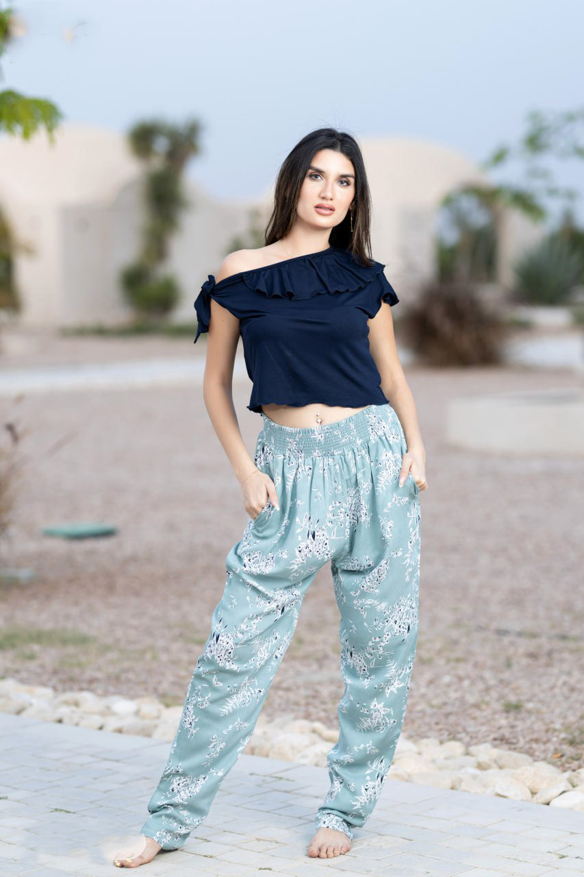 Baby-Blue Cotton Pants with Navy Soft Top 24157