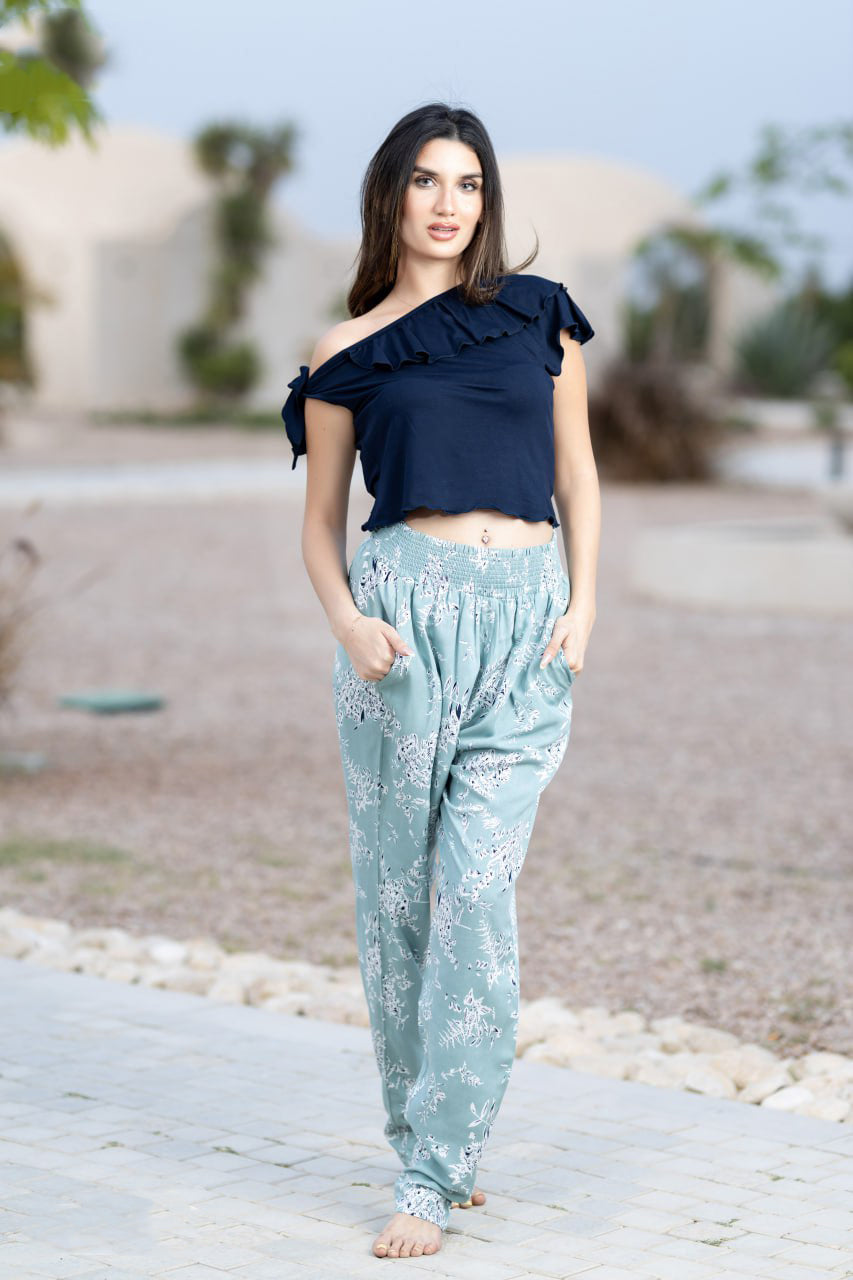 Baby-Blue Cotton Pants with Navy Soft Top 24157