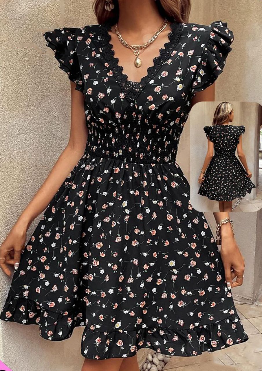 Black Floral Smocked A-Line Dress 110
