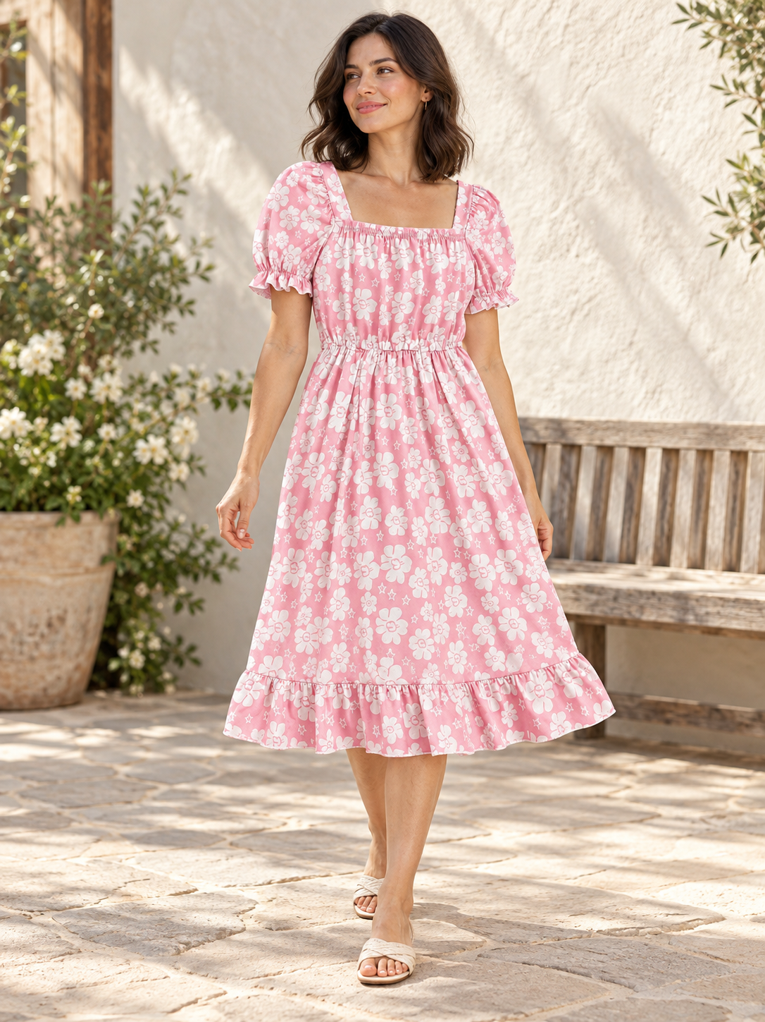 White Floral Midi Dress 015 — AI-generated model styling